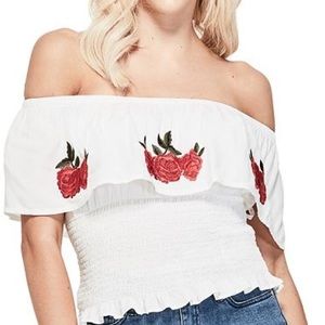 NWT Guess Embroidered Off-the-Shoulder Smocked Top